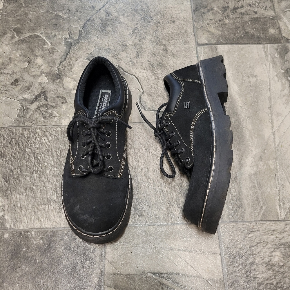 Vintage 90s y2k Skechers Black Suede‎ Leather Platform Lace-up Sneakers 9.5